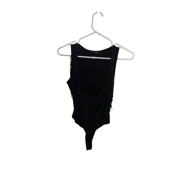 ANGL Black Fringe Sleeveless Body Suit plunging neck boho western cowgirl top - Picture 5 of 8